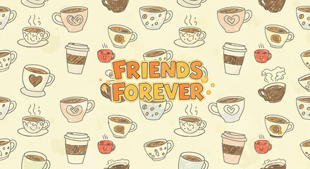 Delightful pattern featuring coffee cups, mugs, and "Friends Forever" text, ideal for backgrounds related to friendship, cafes, and cozy gatherings.