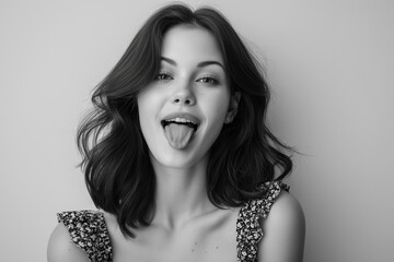Playful Woman with Tongue Out Against White Background, High Key Lighting