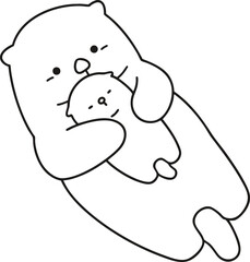 A line drawing image of a mother otter swimming with her baby otter in her arms