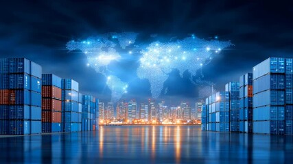 Shipping Containers at Port with Digital World Map Overlay Showcasing Global Trade and Logistics in Modern Cityscape at Night, Highlighting Urban Innovation and Connectivity - Powered by Adobe