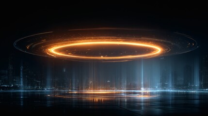 Futuristic glowing UFO-like object hovering over a cityscape