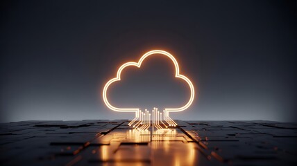 Glowing Neon Cloud Computing Symbol on Dark Surface Digital Technology Concept