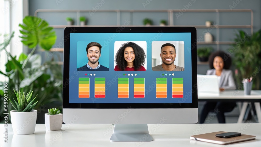 Fototapete Virtual Team Management Three diverse individuals displayed on a computer screen, with a professional setting in the background.
