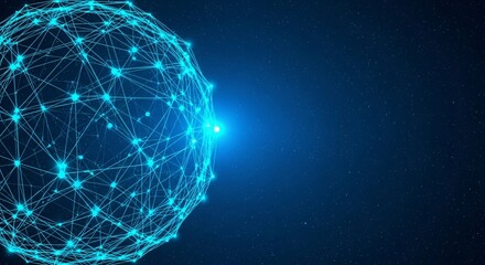 Glowing sphere with interconnected lines and nodes against a dark blue starry background space scene