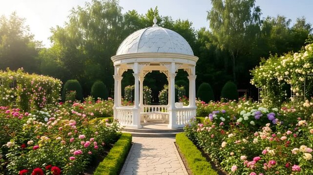 Romantic White Gazebo in Lush Flower Garden at Golden Hour