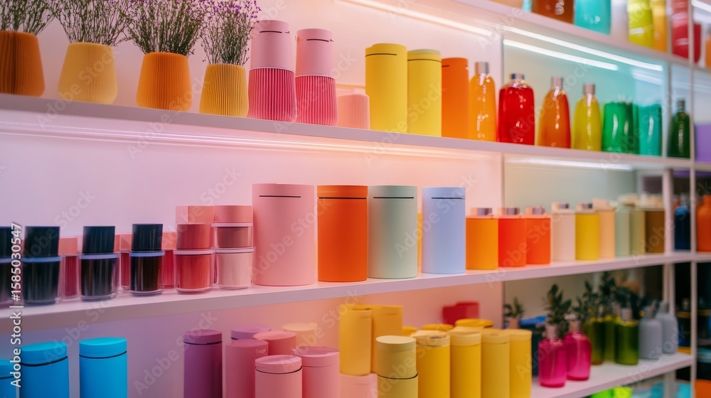 Canvas Prints a vibrant display of colorful containers on shelves. this image showcases a mix of beautiful hues an