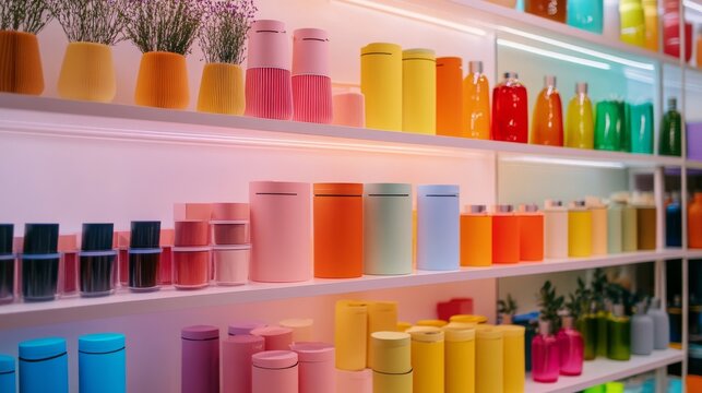 A vibrant display of colorful containers on shelves. This image showcases a mix of beautiful hues and designs. Perfect for product presentations and creative inspiration. Generative AI
