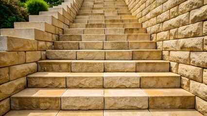 Stone steps ascend alongside a textured brick wall outdoors