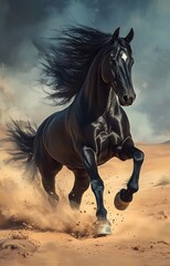 Black horse galloping in desert landscape