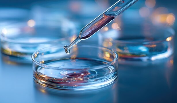 A close-up shot depicts a pipette dispensing a red liquid into a petri dish containing a clear liquid, with other petri dishes blurred in the background under cool, blue lighting - Powered by Adobe
