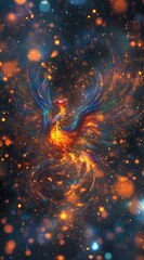 Abstract phoenix rising illustration with fire and light