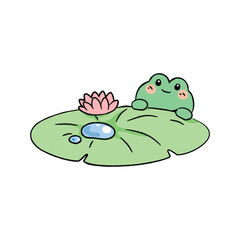 Cute Frog resting on a Lotus Leaf Illustration.Vector.Kawaii.hand drawn.
