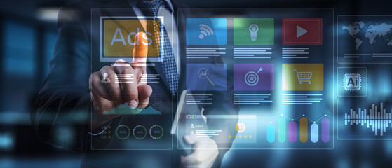 Digital Advertising and Marketing Strategy Illustrated on Virtual Interface.