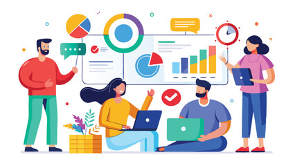 Illustration of a business team analyzing data and charts in a collaborative work environment setting