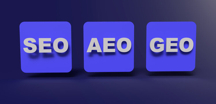 Common terms for website optimization search, ask and generative engine optimization on blue squares against a dark blue background