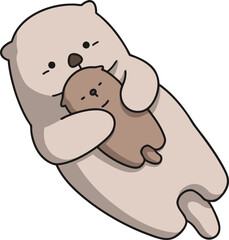 A vector image of a mother otter swimming with her baby otter in her arms