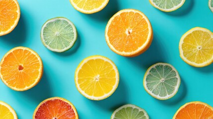 Fototapeta premium flatlay of sliced citrus fruits arranged in dynamic pattern on turquoise background, juicy and bright