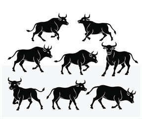 Graphic Illustration of Multiple Black Bull Silhouettes in Various Poses on White Background