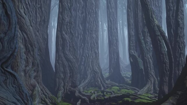 Giant trees with thick gnarled trunks and exposed roots in a misty forest