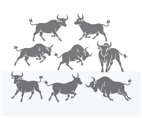 Collection of Grey Bull Silhouettes in Various Poses on a White Background