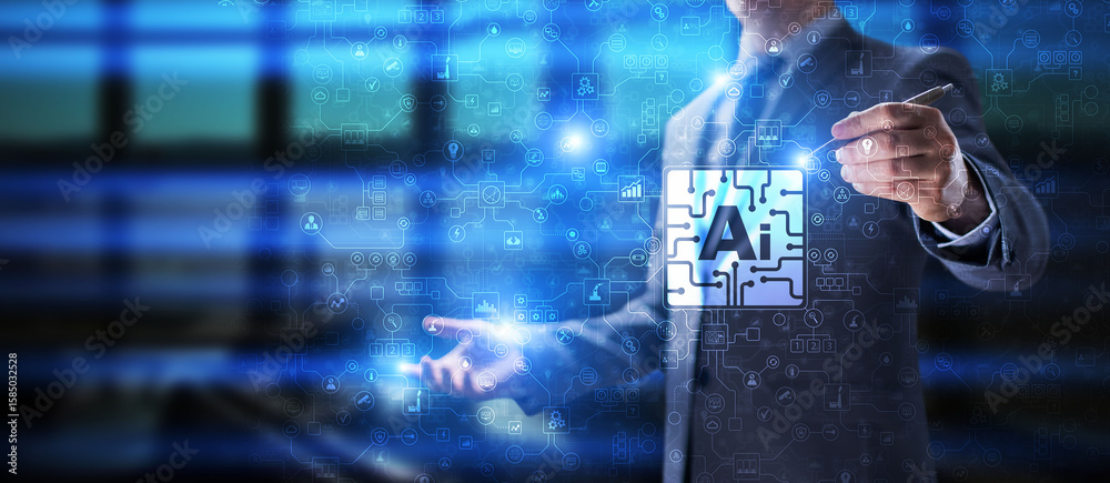 Poster ai artificial intelligence, machine learning, big data analysis and automation technology in busines
