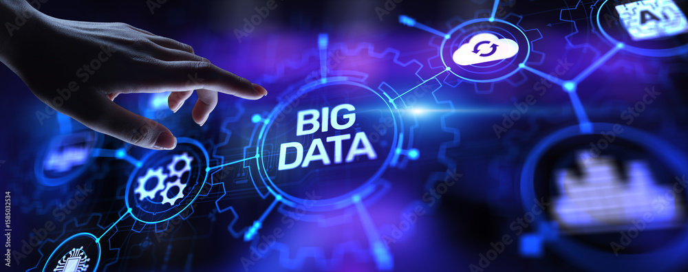 Sticker big data analytics platform, business intelligence and modern technology concept on vitual screen.