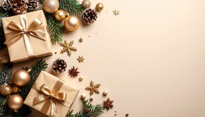 Festive gift arrangement with ornaments and pine cones holiday celebration decorative content cozy environment overhead view christmas spirit