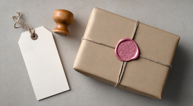 Thoughtful small gift box wrapped in brown paper with pink wax seal and blank tag