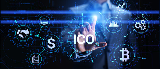ICO - Initial coin offering, Fintech, Financial and cryptocurrency trading concept on virtual...