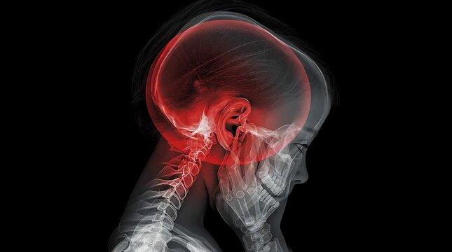 Medical illustration of woman with highlighted ear pain, concept of otitis or earache