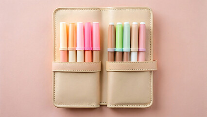 Naklejka premium Pink Pen Case Top View Mockup on Soft Background