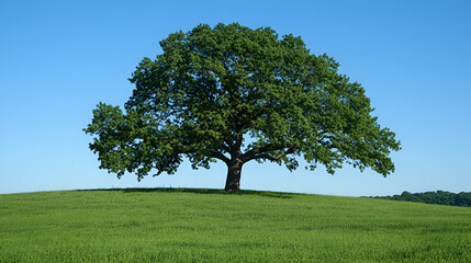 Fototapeta premium A majestic solitary tree stands prominently on a verdant green hill beneath a clear blue sky.