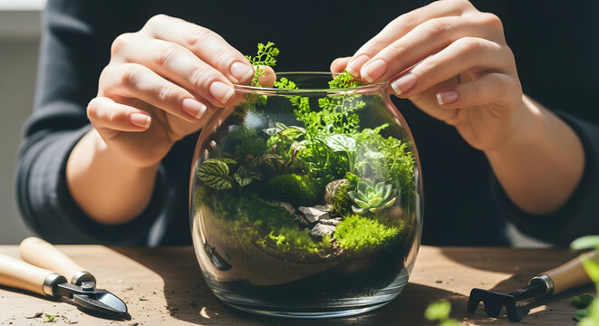 A woman's hands carefully arrange small plants and moss inside a glass jar to create a terrarium