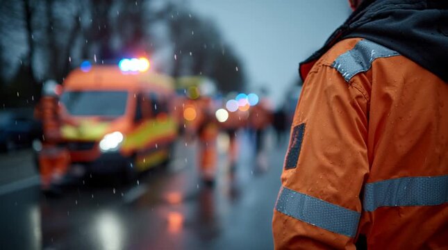 Emergency scene with paramedic and ambulance on city street, concept of rescue and medical response

