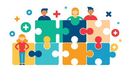 Naklejka premium Teamwork collaboration concept illustrated with people on puzzle pieces and plus and cross symbols around them