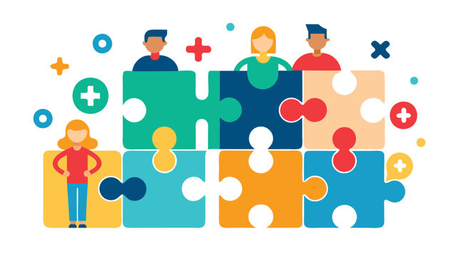 Teamwork collaboration concept illustrated with people on puzzle pieces and plus and cross symbols around them