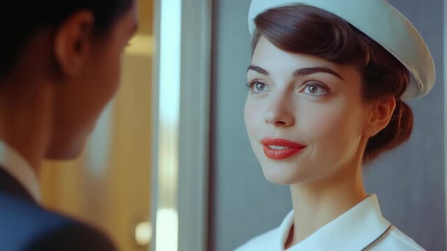 Female stewardess with vintage airplane uniform smiling at camera.