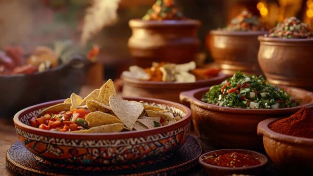 A delicious assortment of Mexican food served in traditional ceramic bowls. A feast for the eyes as well as the palate.