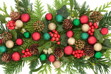 Christmas background with red green gold bauble decorations, holly, mistletoe berries, ivy, fir,...
