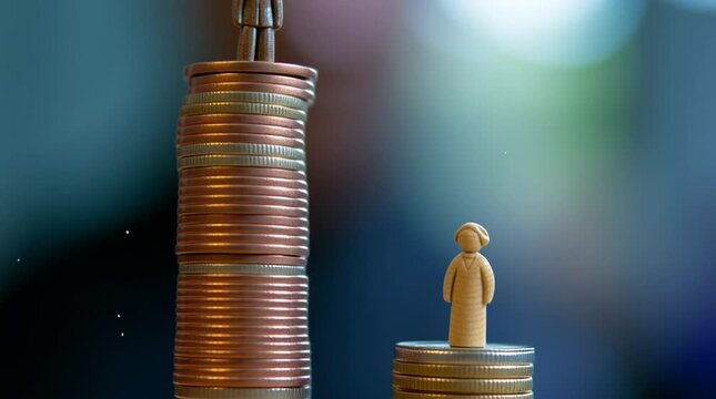 Gender pay gap concept with male and female figures standing on unequal stacks of coins


