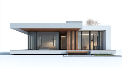 3D rendered modern minimalist house design, flat roof, large glass windows, clean white and wood facade