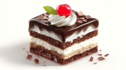 slice of layered chocolate cake with cream and cherry on top