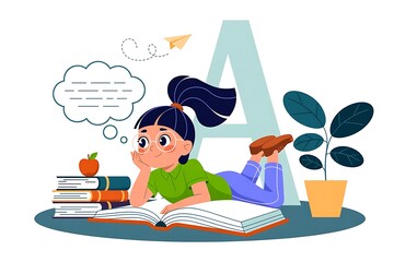 Cute schoolgirl reading a book and dreaming 