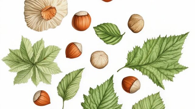 A collection of nuts and leaves arranged on a clean white surface