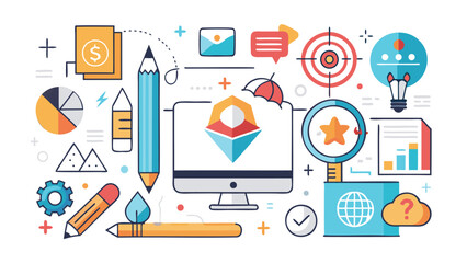 Illustration showing a computer monitor surrounded by various design and business related elements artfully arranged