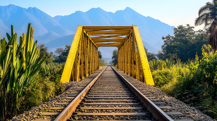 A vibrant yellow railway bridge stretches into the distance under a vast blue mountain range
