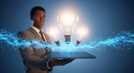 Man in suit holding tablet with glowing light bulbs and digital network on a blue gradient background
