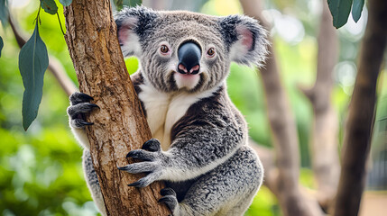Fototapeta premium Adorable koala with captivating eyes clings to a eucalyptus tree in its lush natural habitat.