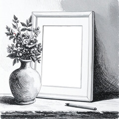 写真立てと花瓶にさした花、白黒の線画
