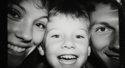 Happy vintage black and white close up of smiling family with son